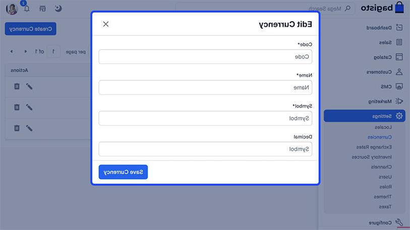 Screenshot of bagisto 2.0 manage currency in container